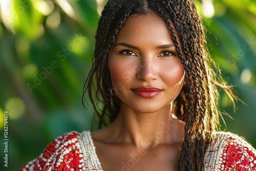 Outdoor Portrait of African Woman with Braided Hair in Traditional Red White Attire