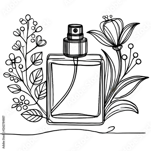 Drawing of a perfume bottle. One continuous line. Isolated on white background