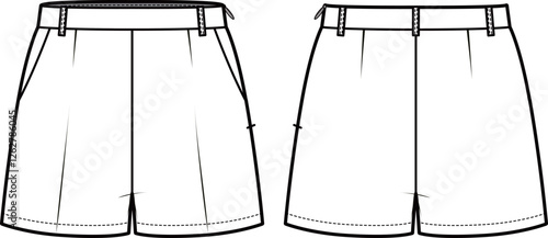 Technical flat sketch of Short pants. Bermuda shorts with waistband and side pockets. Vector mock up Template. 