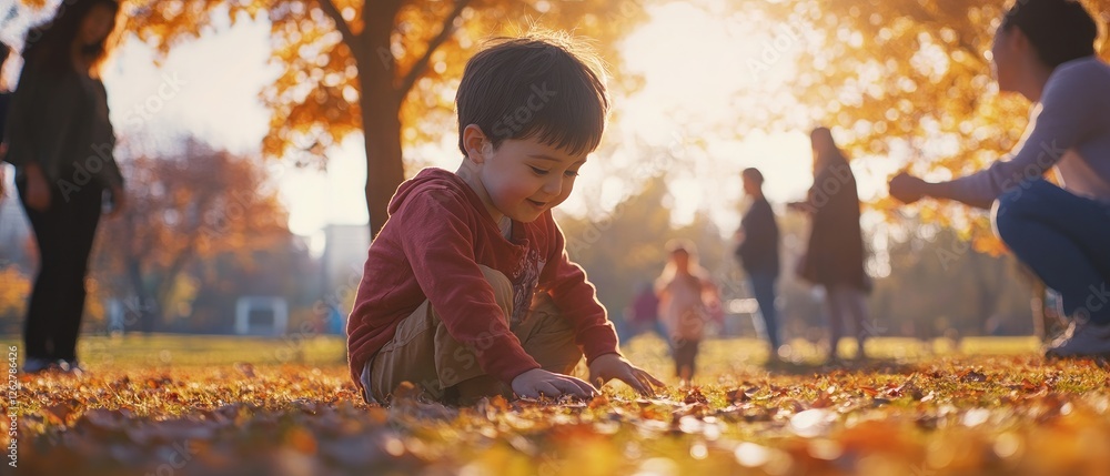 Fototapeta premium A child with autism engaging in sensory-friendly activities in a park, surrounded by others who interact with patience and understanding.
