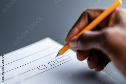 Close-up of a hand holding a pencil, checking options on a questionnaire. photo