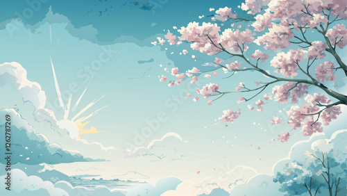 Watercolor pastel sky background, soft clouds in gentle blues and whites, with a hint of sunlight peeking through, creating a serene and uplifting spring atmosphere with copy space  