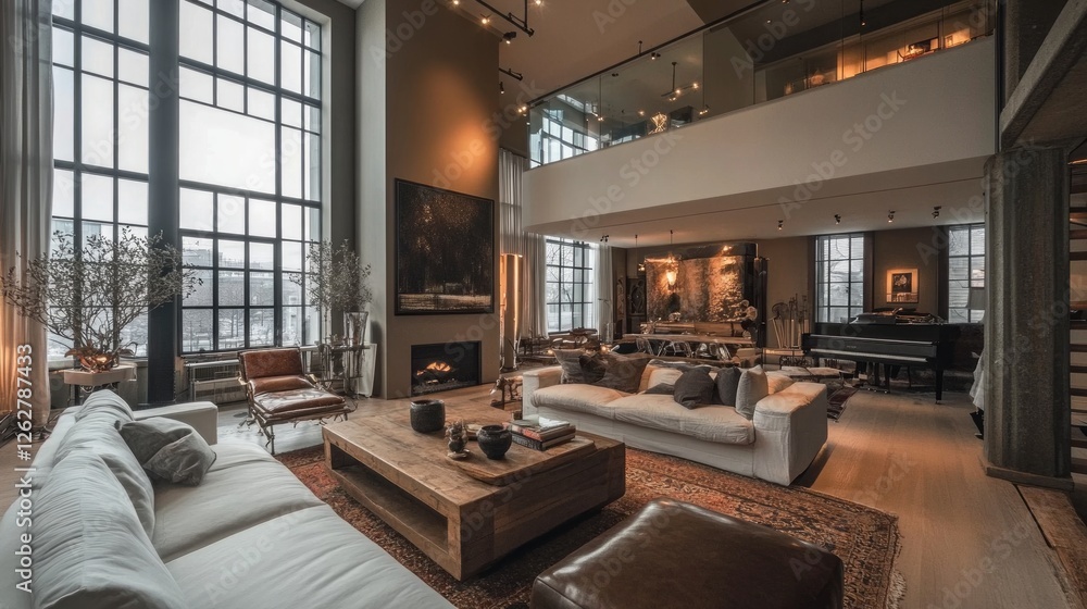 Luxurious living room with high ceilings and large windows Luxurious living room with high ceilings and large windows