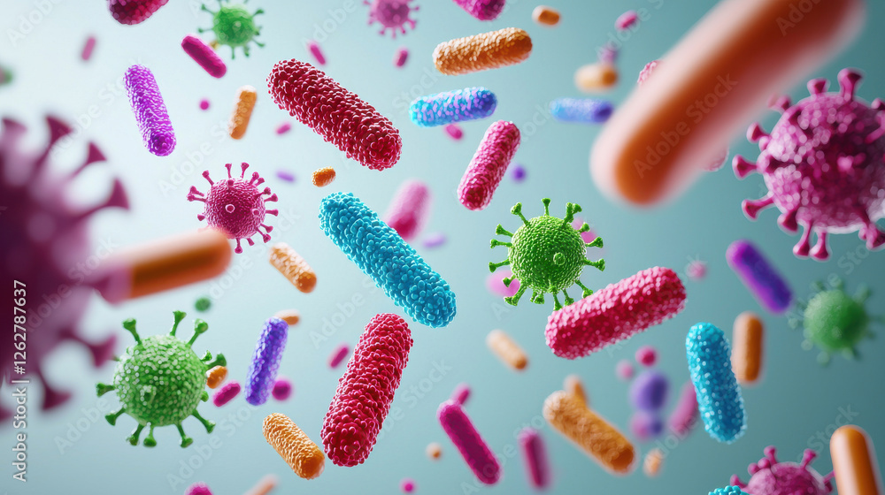 Colorful representation of bacteria and viruses floating in a microscopic world. Colorful representation of bacteria and viruses floating in a microscopic world.