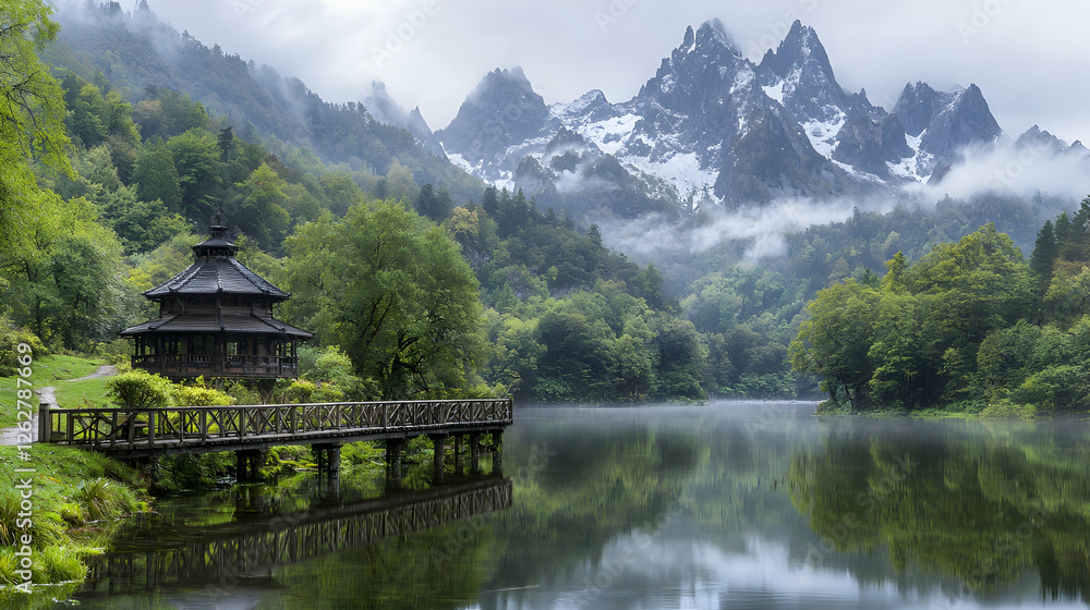 Fototapeta premium Serene mountain lake with pagoda, misty peaks