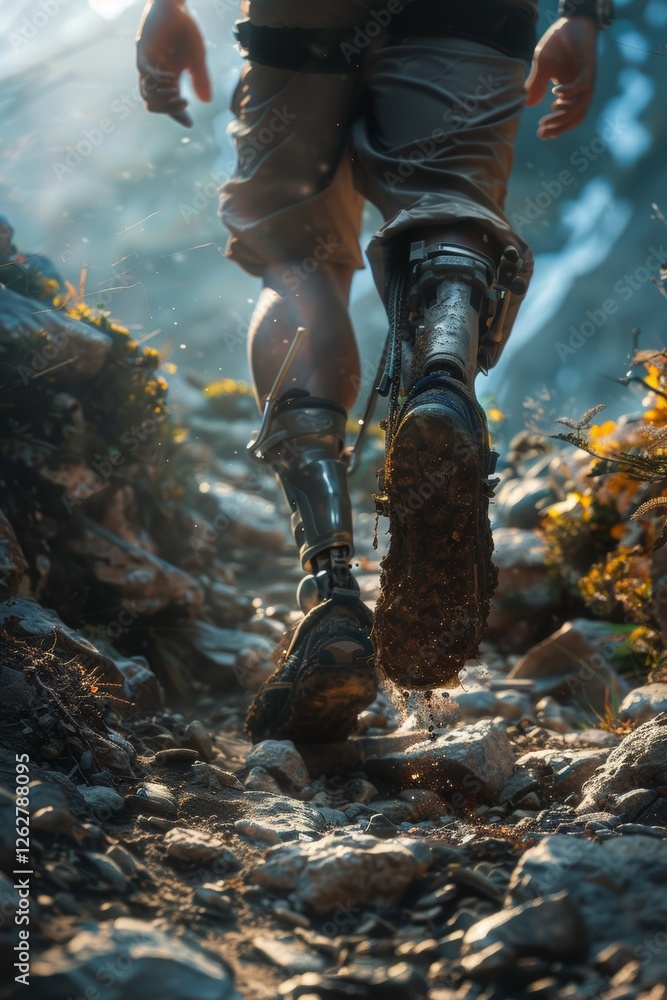 Conquering the mountains: person with a prosthetic leg on a trail Conquering the mountains: person with a prosthetic leg on a trail