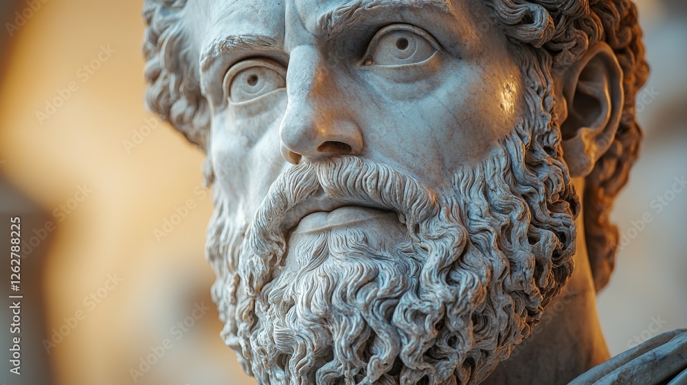 This captivating marble bust showcases exceptional artistry with intricate details in the facial features and beard highlighting an ancient character's likeness. This captivating marble bust showcases exceptional artistry with intricate details in the facial features and beard highlighting an ancient character's likeness.