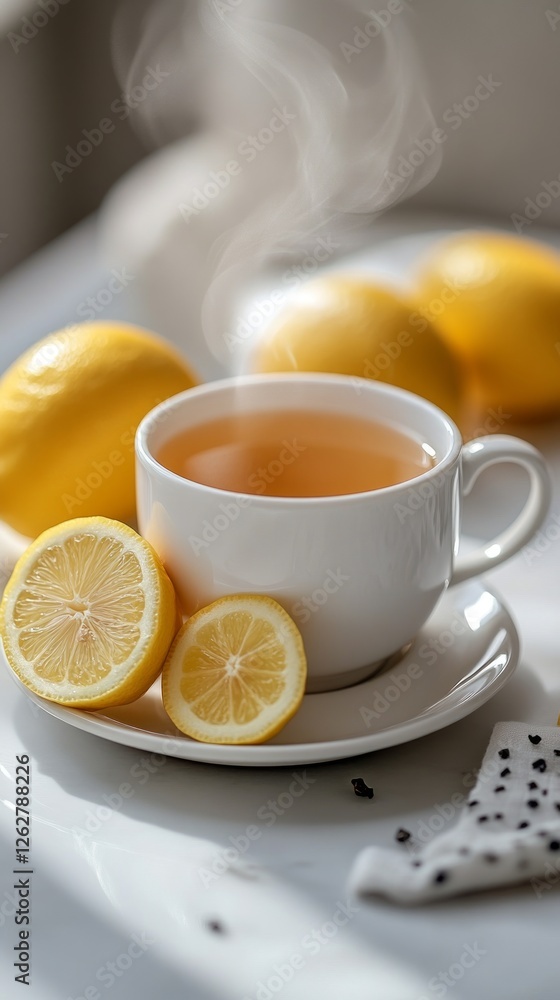 A steaming cup of lemon tea sits on a white plate, accompanied by freshly cut lemon slices, creating a warm and inviting atmosphere A steaming cup of lemon tea sits on a white plate, accompanied by freshly cut lemon slices, creating a warm and inviting atmosphere