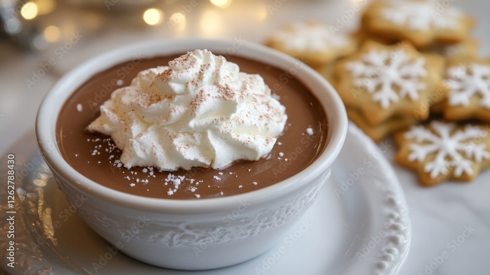 Rich Chocolate Mousse with Whipped Cream and Snowflake Cookies