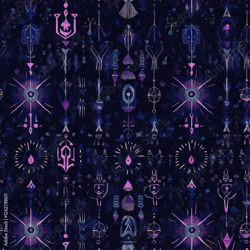 A mystical voodoo pattern with African-inspired talismans, veve symbols, and magical ritual elements in deep blues and purples photo