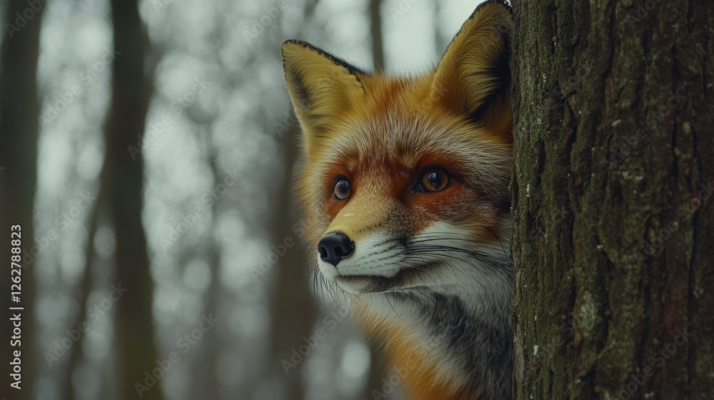 Obraz premium Red Fox Hiding Behind Tree in Snowy Forest