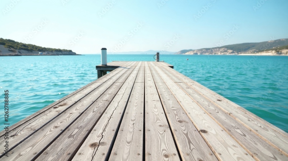 Tranquil Wooden Dock Extending into Serene Azure Waters on a Sunny Day Tranquil Wooden Dock Extending into Serene Azure Waters on a Sunny Day