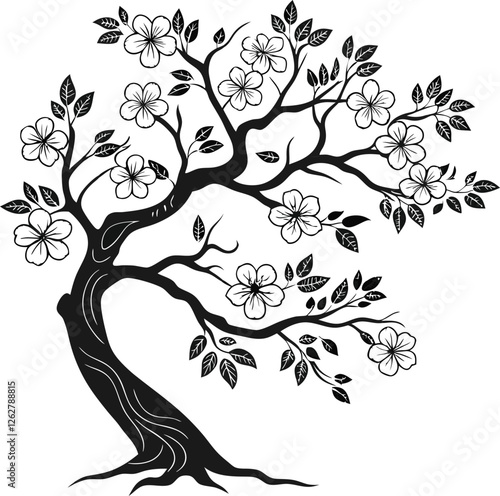 vector illustration of a feather,vector tree with floral elements,vector black silhouette of a tree,black and white floral ornament,black and white flower,abstract floral background