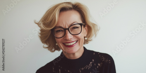 Studio portrait of mature business woman laughing, gray background