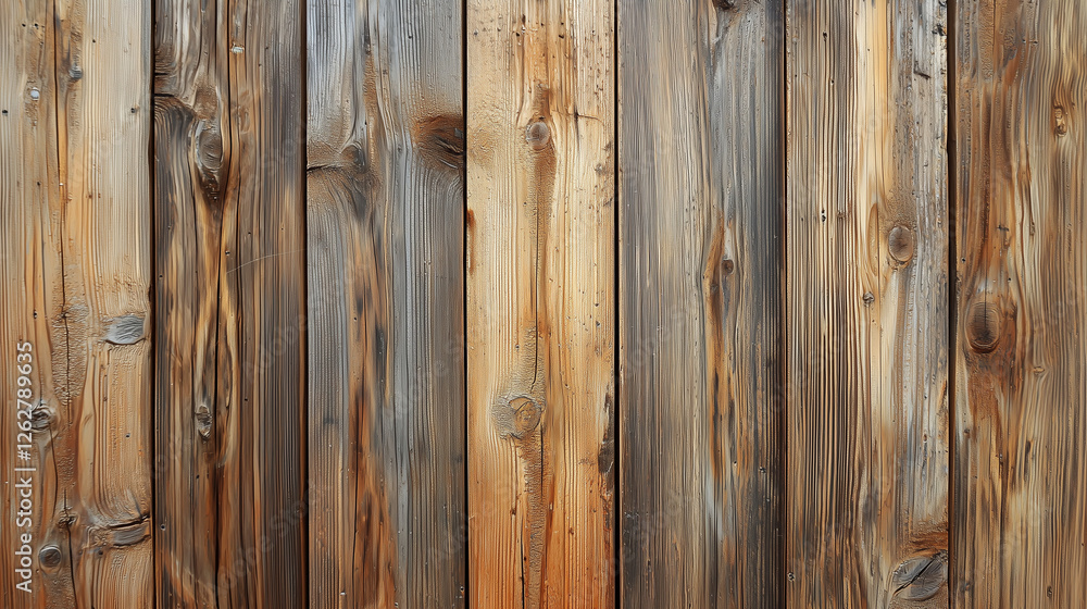Fototapeta premium Close-up of a rustic wooden wall with weathered vertical planks, showcasing natural textures, knots, and grain patterns