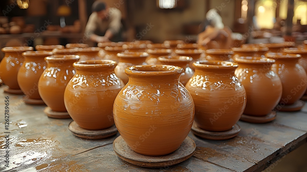 Fototapeta premium Pottery workshop, artisans shaping terracotta, production line