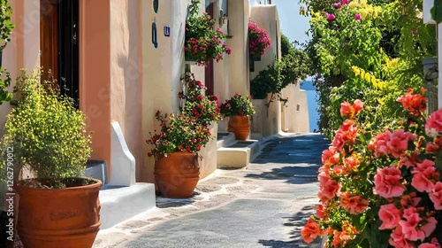 Charming Mediterranean alley with colorful flowers, whitewashed houses, and terracotta pots under bright sunlight