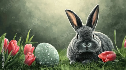 A curious gray rabbit resting in the grass, mesmerized by a luminous Heister egg, surrounded by pink tulips and dewdrops. photo