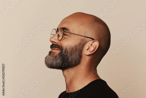 Studio portrait of smiling bald man wearing glasses, side profile view with neutral beige background