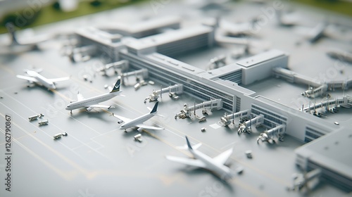 Miniature model of a busy airport terminal with detailed airplanes, gates, and ground support vehicles in an aviation layout photo