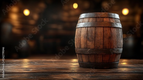 Wooden barrel on rustic table in dark tavern background.  Use  Restaurant, pub, bar, or winery background photo