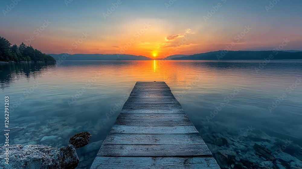 Obraz premium Peaceful sunrise over tranquil lake with wooden pier
