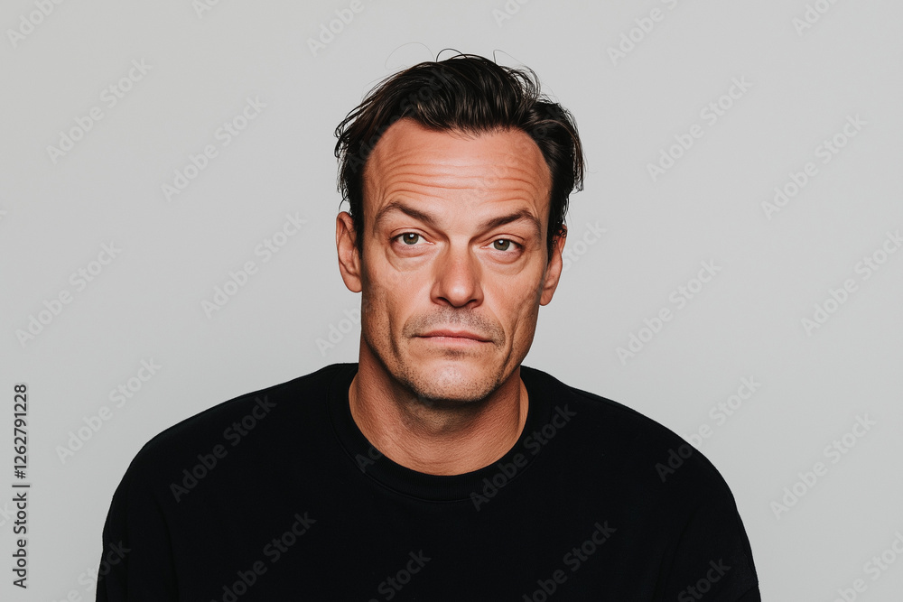 Fototapeta premium Studio portrait of man in black t shirt with neutral gray background