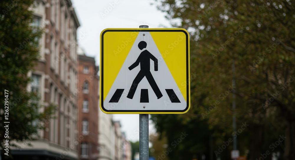 Pedestrian Crossing Sign in Urban Setting Promoting Road Safety Awareness Pedestrian Crossing Sign in Urban Setting Promoting Road Safety Awareness