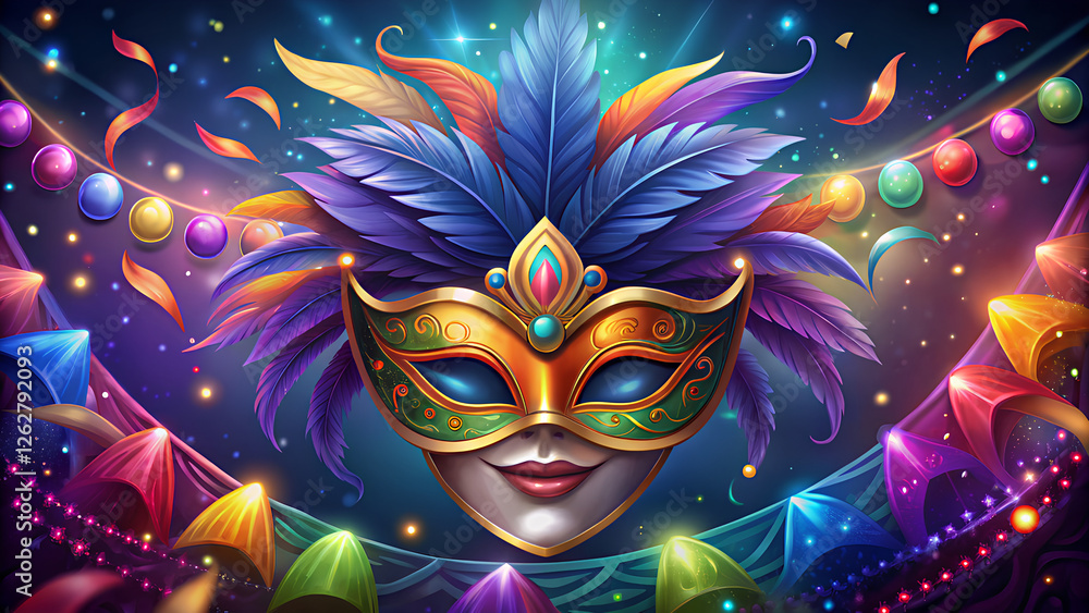 A vibrant carnival mask adorned with brilliant feathers and sparkling lights represents the lively spirit of a festive celebration. It is set against a colorful background filled with confetti. A vibrant carnival mask adorned with brilliant feathers and sparkling lights represents the lively spirit of a festive celebration. It is set against a colorful background filled with confetti.