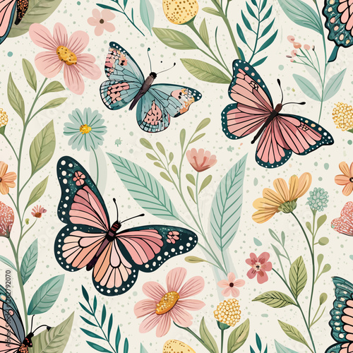 Seamless butterfly background, whimsical butterflies fluttering among soft florals and green leaves, joyful and playful, embodying the spirit of renewal during the spring equinox  
