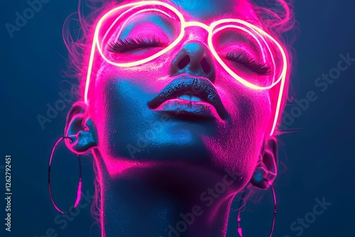 Abstract woman portrait glowing with pink neon light over blue background.