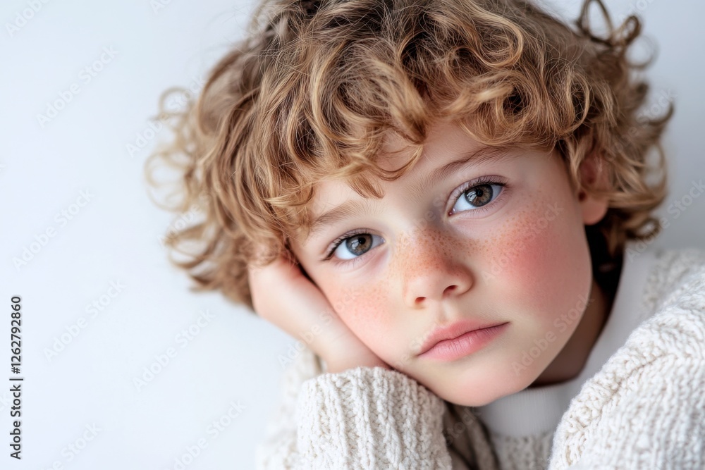 Thoughtful young child with curly hair posing in a cozy sweater against a white background, kid model portrait photography Thoughtful young child with curly hair posing in a cozy sweater against a white background, kid model portrait photography