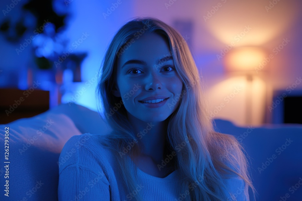 Obraz premium portrait of a smiling woman sitting on a couch at night, illuminated by blue ambient lighting in a cozy home