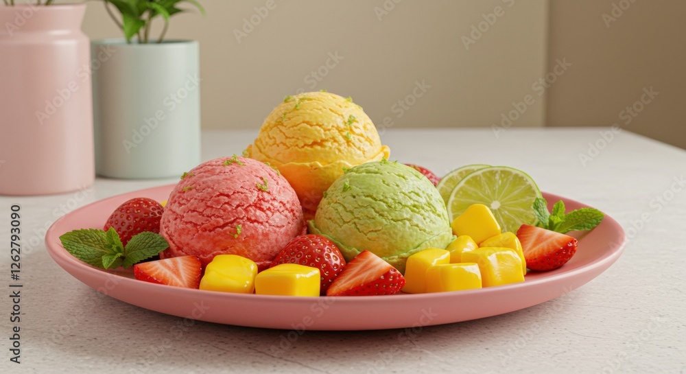 A plate of fruit ice cream in various colors: strawberry, mango, lime. On the table: fresh fruits and mint leaves. Background: a bright restaurant interior with natural lighting. A plate of fruit ice cream in various colors: strawberry, mango, lime. On the table: fresh fruits and mint leaves. Background: a bright restaurant interior with natural lighting.
