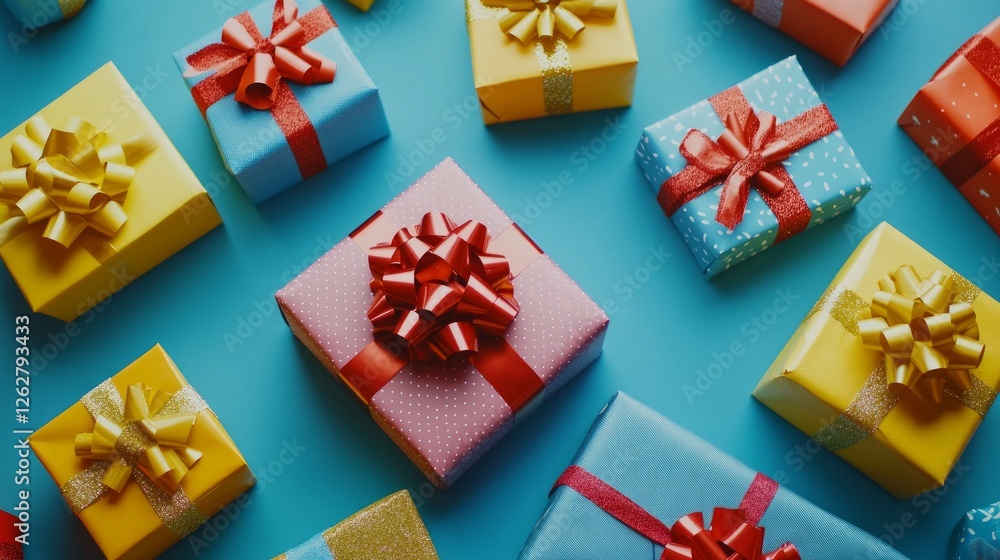Brightly colored gifts with ribbons and bows are scattered on a vibrant blue background, creating a festive atmosphere perfect for any occasion Brightly colored gifts with ribbons and bows are scattered on a vibrant blue background, creating a festive atmosphere perfect for any occasion