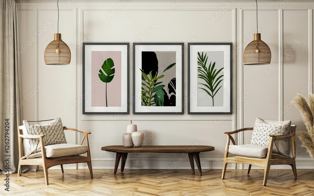 A cinematic medium shot of a modern, minimalistic interior with a black thin-framed blank vertical poster on the wall. The room has hardwood floors, a sofa, plants, and a lamp using AI generated A cinematic medium shot of a modern, minimalistic interior with a black thin-framed blank vertical poster on the wall. The room has hardwood floors, a sofa, plants, and a lamp using AI generated