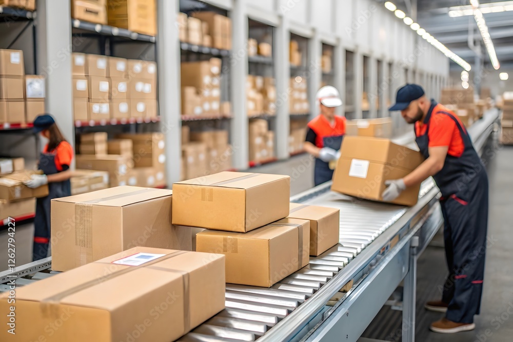 Workers Sorting Packages in a Modern Warehouse Delivery Center Workers Sorting Packages in a Modern Warehouse Delivery Center