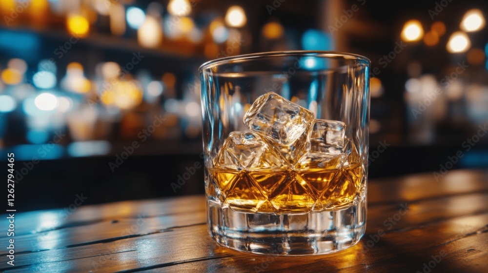 Whiskey With Ice,a Glass Of Alcoholic Drink With Ice At Empty Bar Counter Nightlife Concept Whiskey With Ice,a Glass Of Alcoholic Drink With Ice At Empty Bar Counter Nightlife Concept