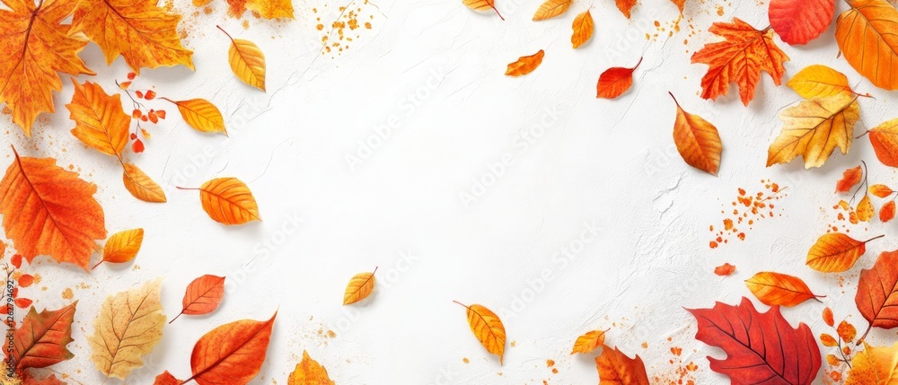 A variety of orange and yellow autumn leaves are scattered around a blank white background, capturing the essence of fall and its changing colors A variety of orange and yellow autumn leaves are scattered around a blank white background, capturing the essence of fall and its changing colors