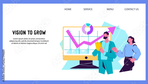 Financial broker and stock market analytical service. Business solution and analysis, investments strategy concept of web page, vector illustration on white.