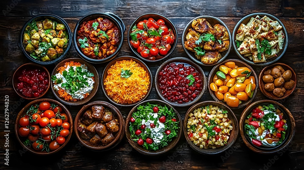 Assorted Middle Eastern dishes on dark wooden table. Possible use Stock photo for food articles, restaurant menus, or cultural displays Assorted Middle Eastern dishes on dark wooden table. Possible use Stock photo for food articles, restaurant menus, or cultural displays