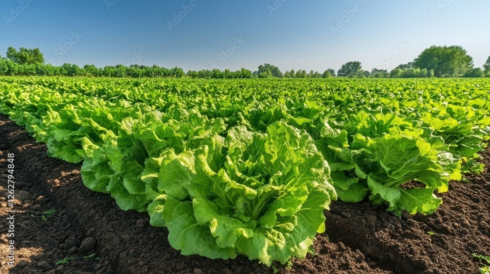 Lush green lettuce fields under a clear blue sky, showcasing healthy vegetable growth. Lush green lettuce fields under a clear blue sky, showcasing healthy vegetable growth.