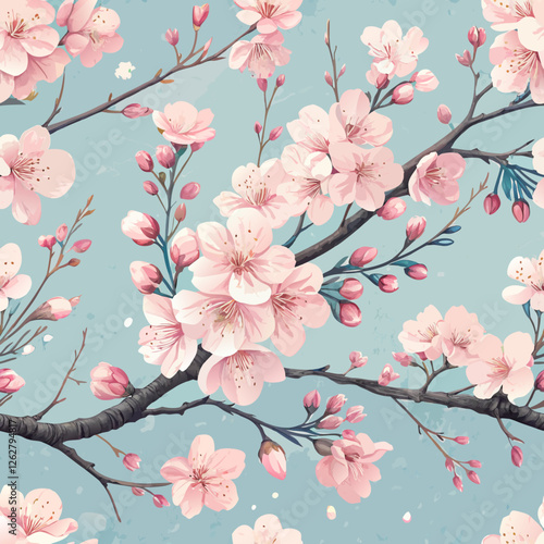 Seamless cherry blossom pattern watercolor background, soft pink and blue, elegant poetic spring design
