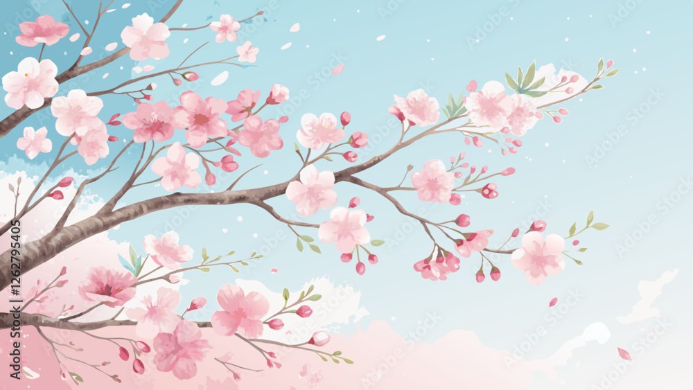 Watercolor cherry blossom background, soft pink and blue, elegant poetic spring arrival with copy space Watercolor cherry blossom background, soft pink and blue, elegant poetic spring arrival with copy space