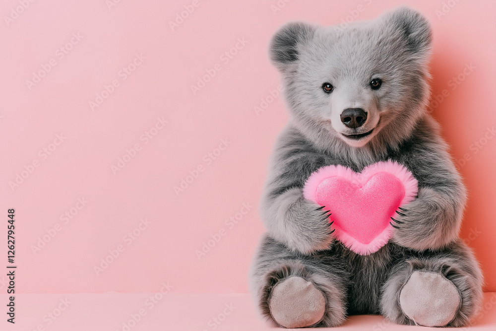 Obraz premium A cute teddy bear hugging a big heart with both arms, looking joyful, soft and fluffy fur, detailed stitches, ultra-HD, photorealistic, isolated background