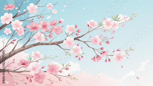 Watercolor cherry blossom background, soft pink and blue, elegant poetic spring arrival with copy space
