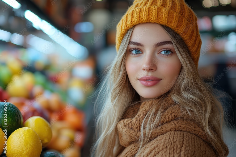 Beautiful woman in cozy sweater and hat shopping for fresh fruits at market Beautiful woman in cozy sweater and hat shopping for fresh fruits at market