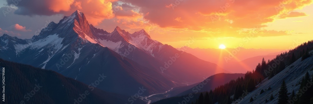 Fototapeta premium Golden hour light bathes rocky mountain range, clouds ablaze , nature, range