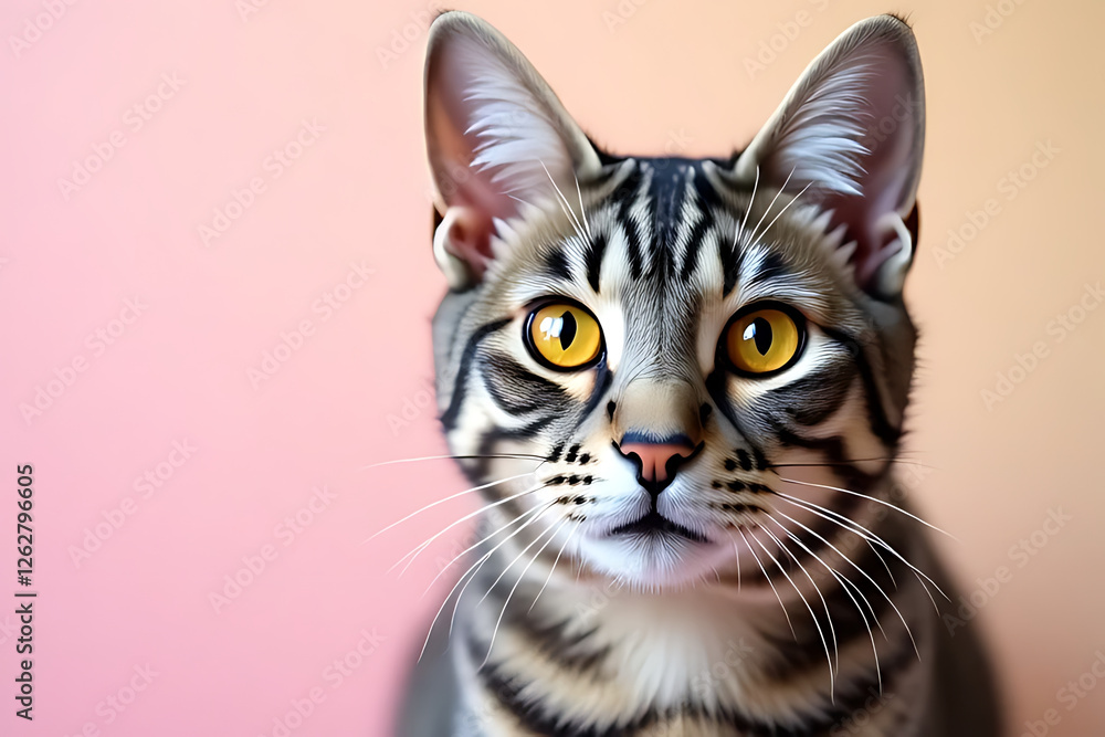 close up of cat with striking yellow eyes and detailed striped coat, set against soft gradient background. cats expression is curious and engaging, inviting viewers to connect