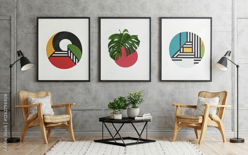 Fototapeta premium A cinematic medium shot of a modern, minimalistic interior with a black thin-framed blank vertical poster on the wall. The room has hardwood floors, a sofa, plants, and a lamp using AI generated